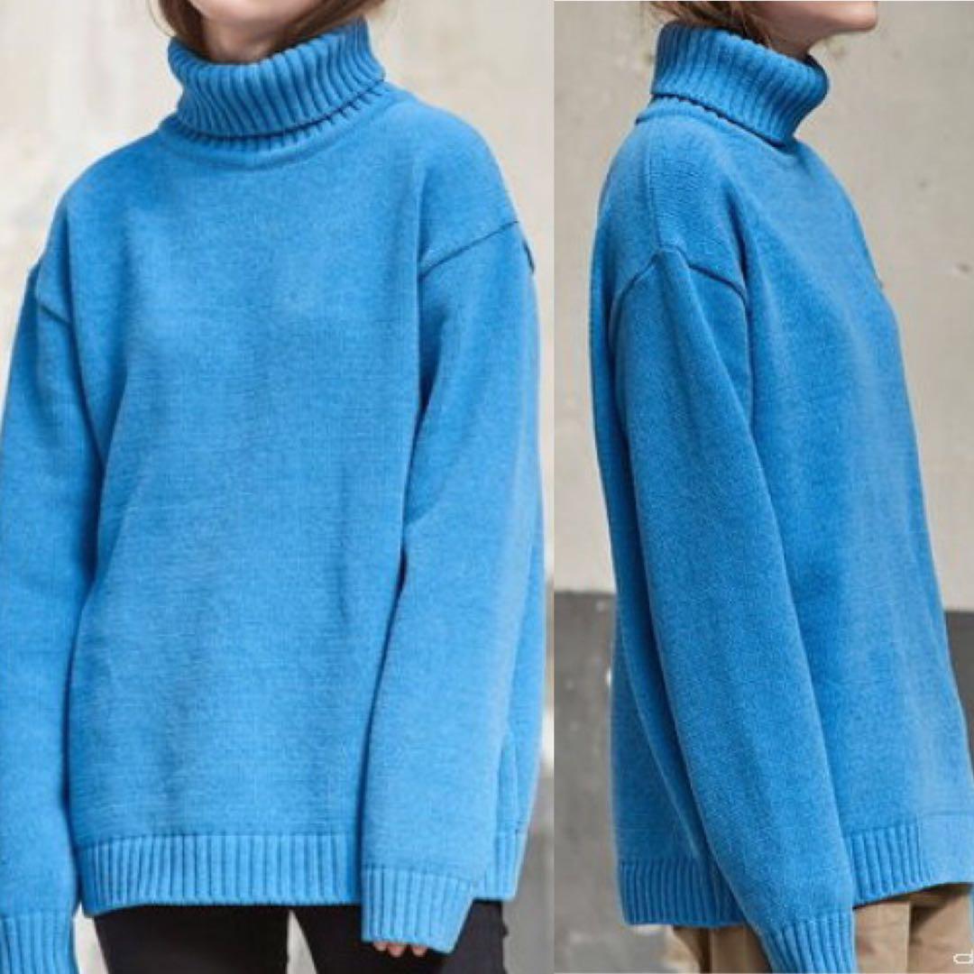 メルカリ acover オコボ タートルネックニット ブルー m 新品 韓国