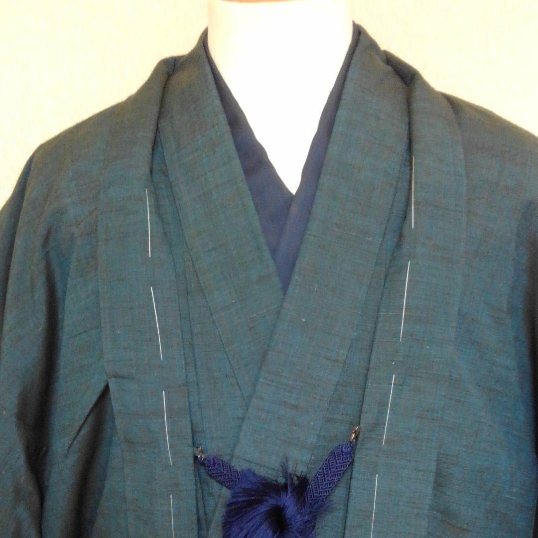 値下げ■绅士着物■アンサンブル 羽织纽付き■青绿系【日本免邮】